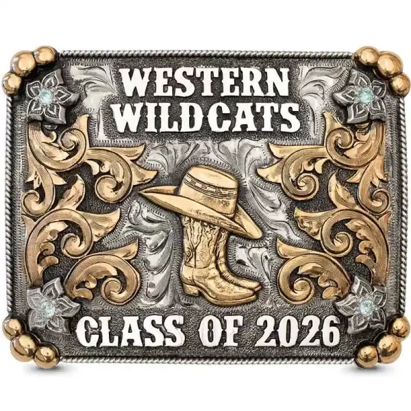 A custom square belt buckle for Davenport High with personalized name and initials, adorned with bronze scrolls and flowers 